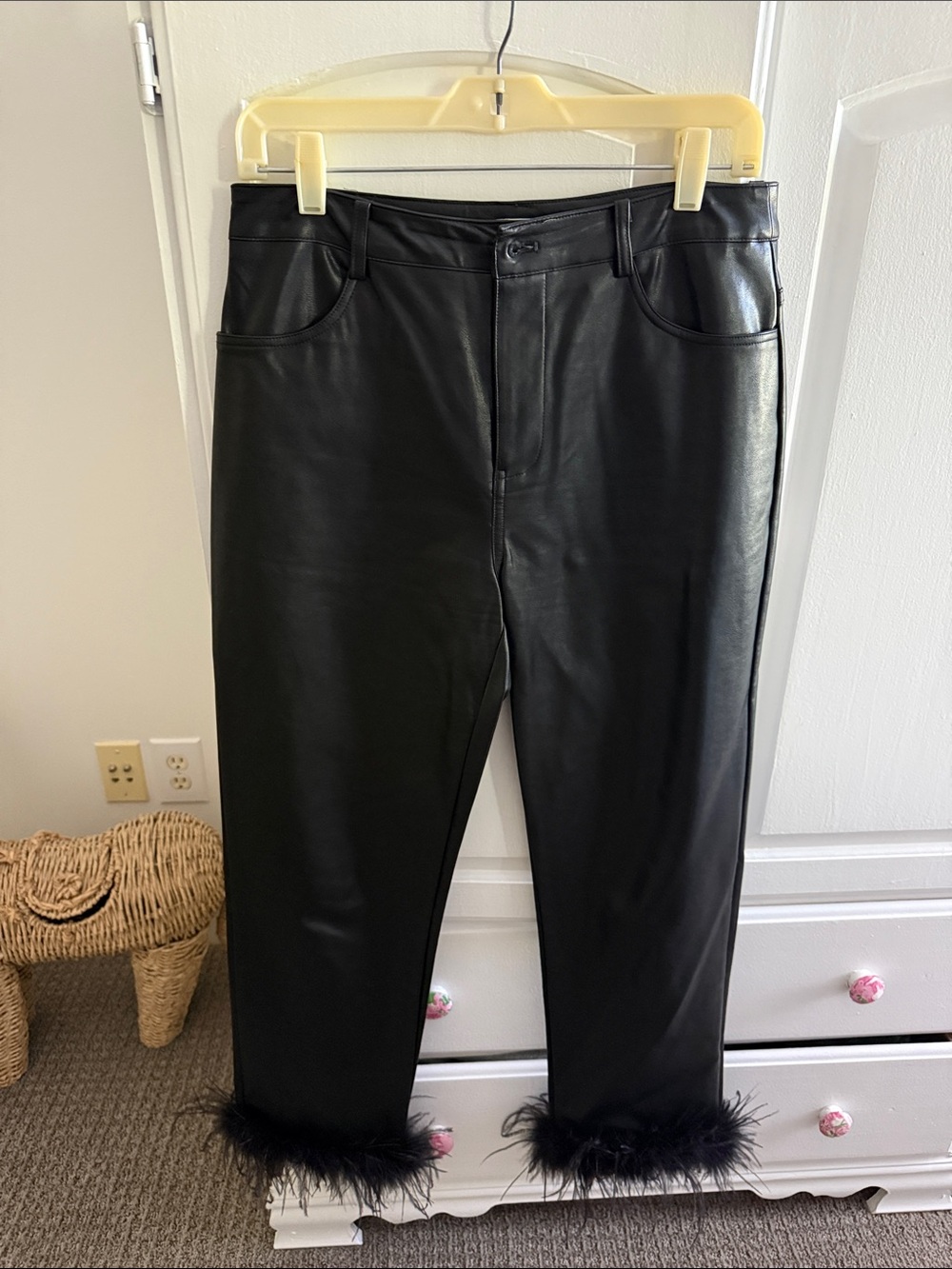 Altard State Black Faux Leather Feather Trim Pants